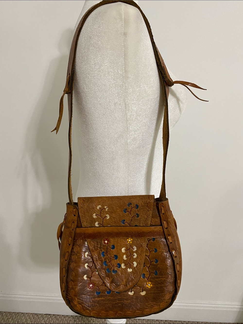 Vintage Tooled and Painted Leather Saddle Bag Purse